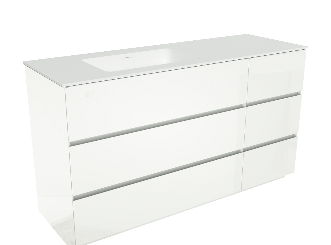 Storke Edge staand badkamermeubel 150 x 52 cm glanzend wit met Mata asymmetrisch linkse wastafel in solid surface mat wit