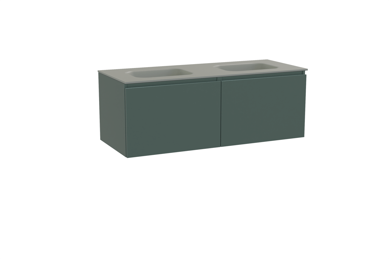 Balmani Sfera zwevend badkamermeubel 135 x 55 cm forest met Tablo Arcato dubbele wastafel in solid surface steengrijs