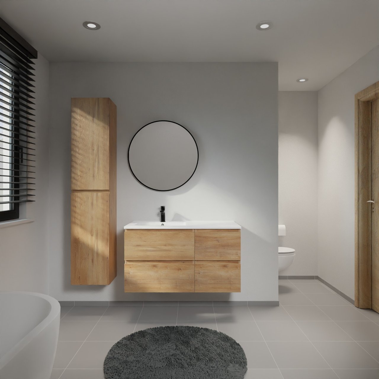 Linie Lado meuble salle de bains suspendu 100 x 46 cm chêne naturel avec Vano plan vasque asymétrique à gauche en marbre composite blanc brillant