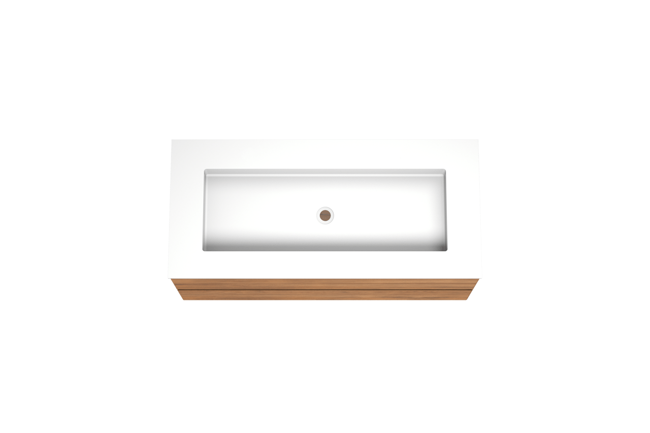 Balmani Mitra zwevend badkamermeubel 120 x 55 cm teak met Tablo Stretto enkele wastafel voor 2 kraangaten in solid surface mat wit