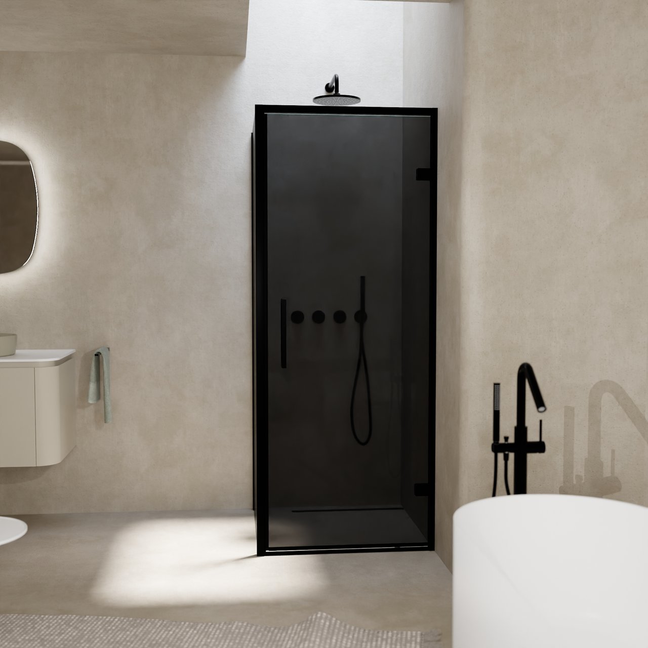 Balmani Senses Design douchecabine met rechtse draaideur en vaste zijwand, 90 x 90 cm, Rookglas, Zwarte profielen