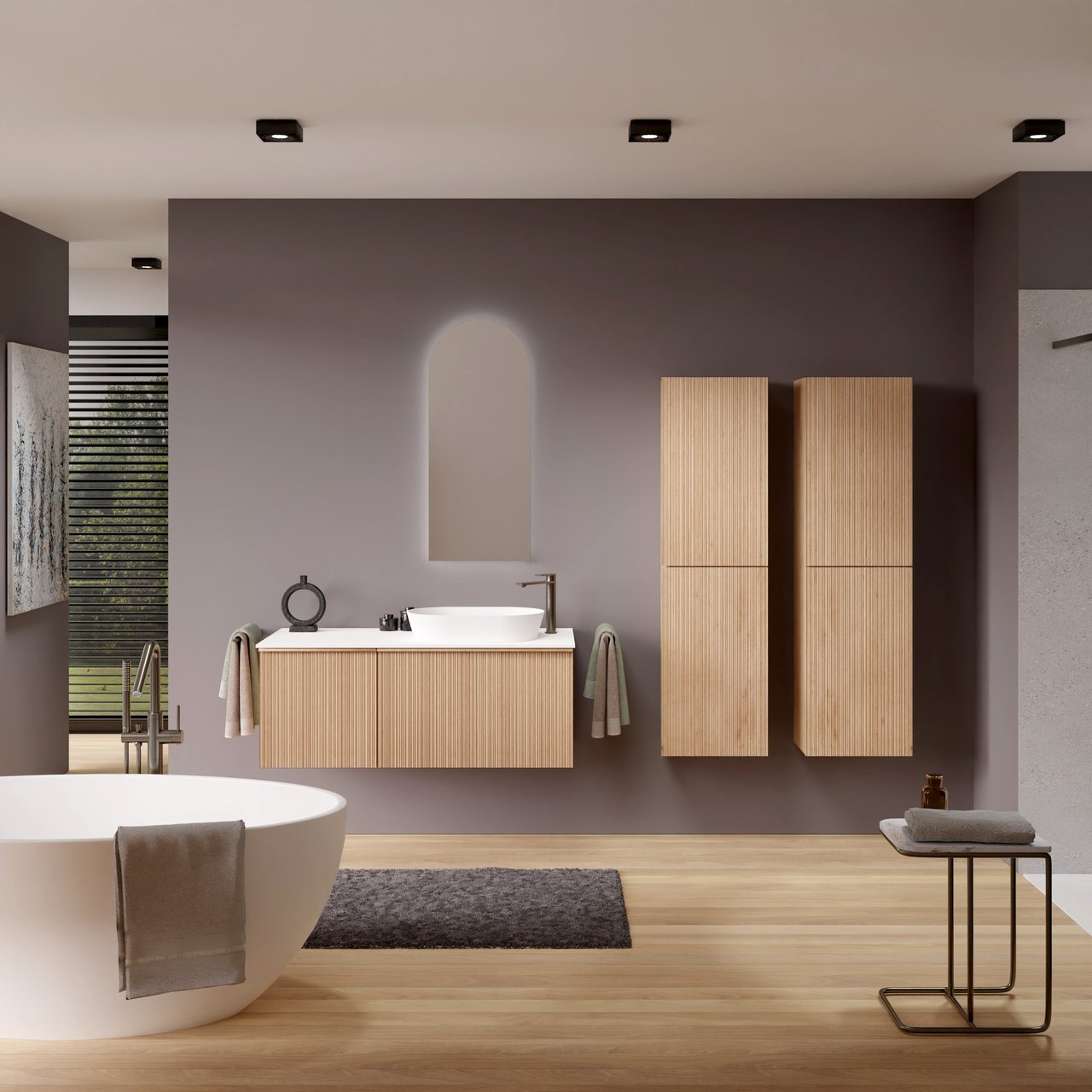 Balmani Forma zwevend badmeubel 120 x 55 cm naturel eiken met Stretto enkel of dubbel wastafelblad in solid surface mat wit, Verticale asymmetrische ronde ribbel