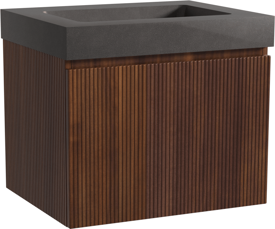 Storke Ribs zwevend badmeubel 65 x 52 cm notenhout met Scuro High enkele wastafel in kwarts mat zwart, Verticale symmetrische rechte ribbel