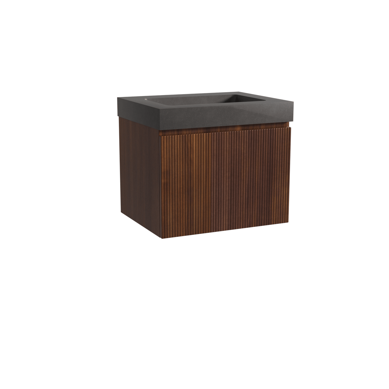 Storke Ribs hängendes Möbelstück Set: 65 x 52 cm, Nussbaum, mit Scuro High Einzelwaschtisch, Quarz, Schwarz matt, Vertikale symmetrische gerade Rippe