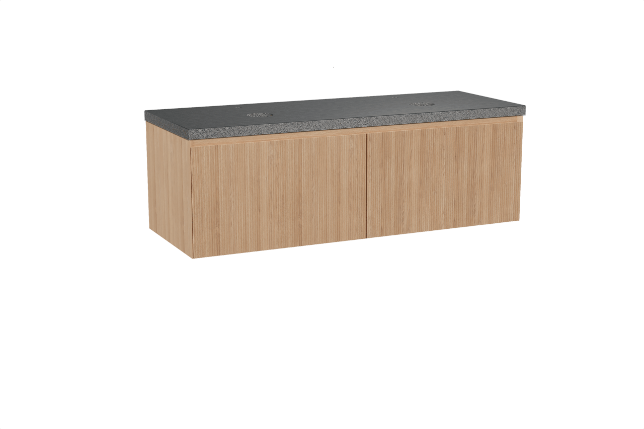 Balmani Fila hängendes Möbelstück Set: 150 x 55 cm, Naturbelassene Eiche, mit Rock Doppel Waschtischplatte, Granit, Schwarzes Granit, Vertikale symmetrische gerade Rippe