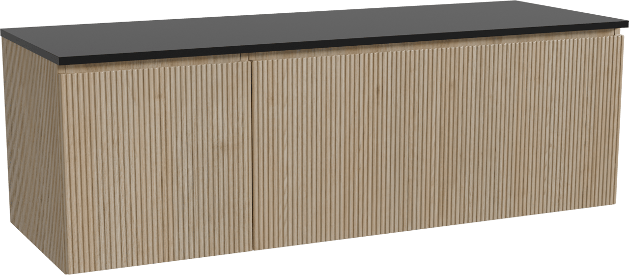 Storke Ribs zwevend badmeubel 150 x 52 cm ruw eiken met Panton enkel of dubbel wastafelblad in gepoedercoate mdf mat zwart, Verticale symmetrische rechte ribbel