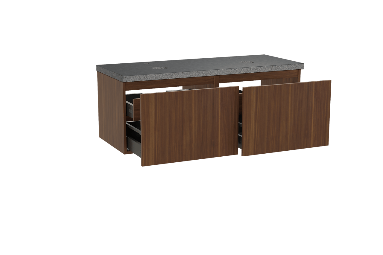 Balmani Sfera hängendes Möbelstück Set: 135 x 55 cm, Amerikanischer Nussbaum, mit Rock Doppel Waschtischplatte, Schwarzes Granit