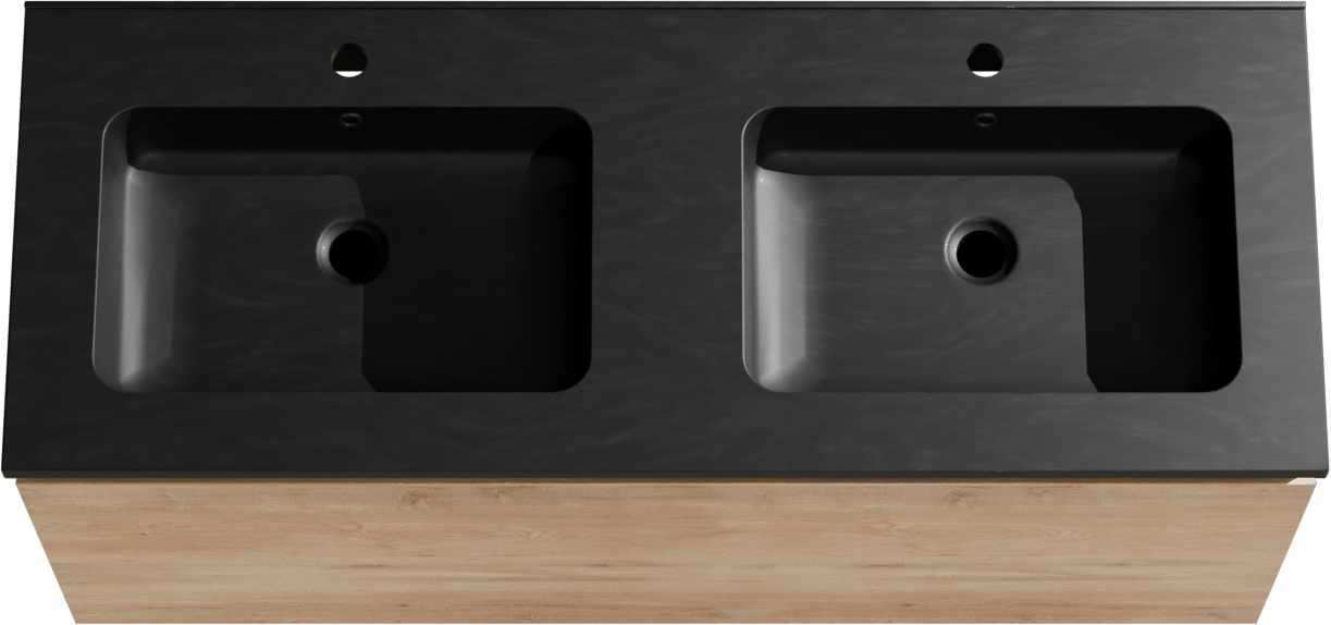 Linie Lado hängendes Möbelstück Set: 120 x 46 cm, Naturbelassene Eiche, mit Vano Doppelwaschtisch, Marmorkomposit Schwarz matt
