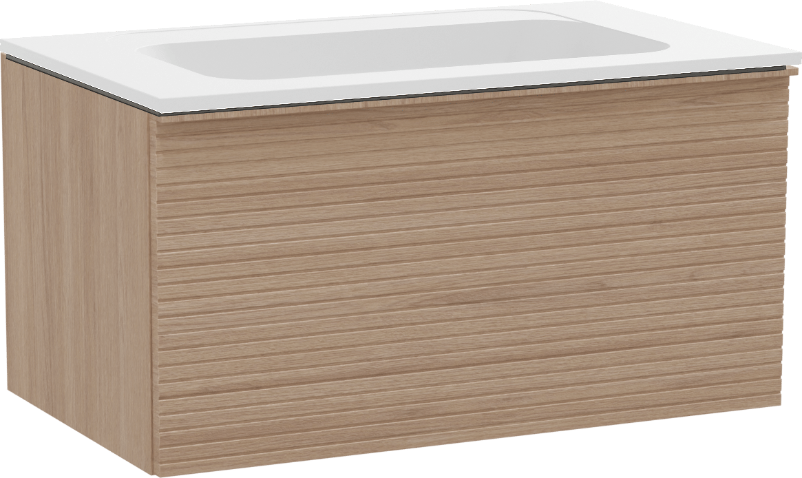 Balmani Forma hängendes Möbelstück Set: 90 x 55 cm, Naturbelassene Eiche, mit Tablo Strada Einzelwaschtisch, Marmorkomposit, Weiß matt, Horizontale symmetrische gerade Rippe