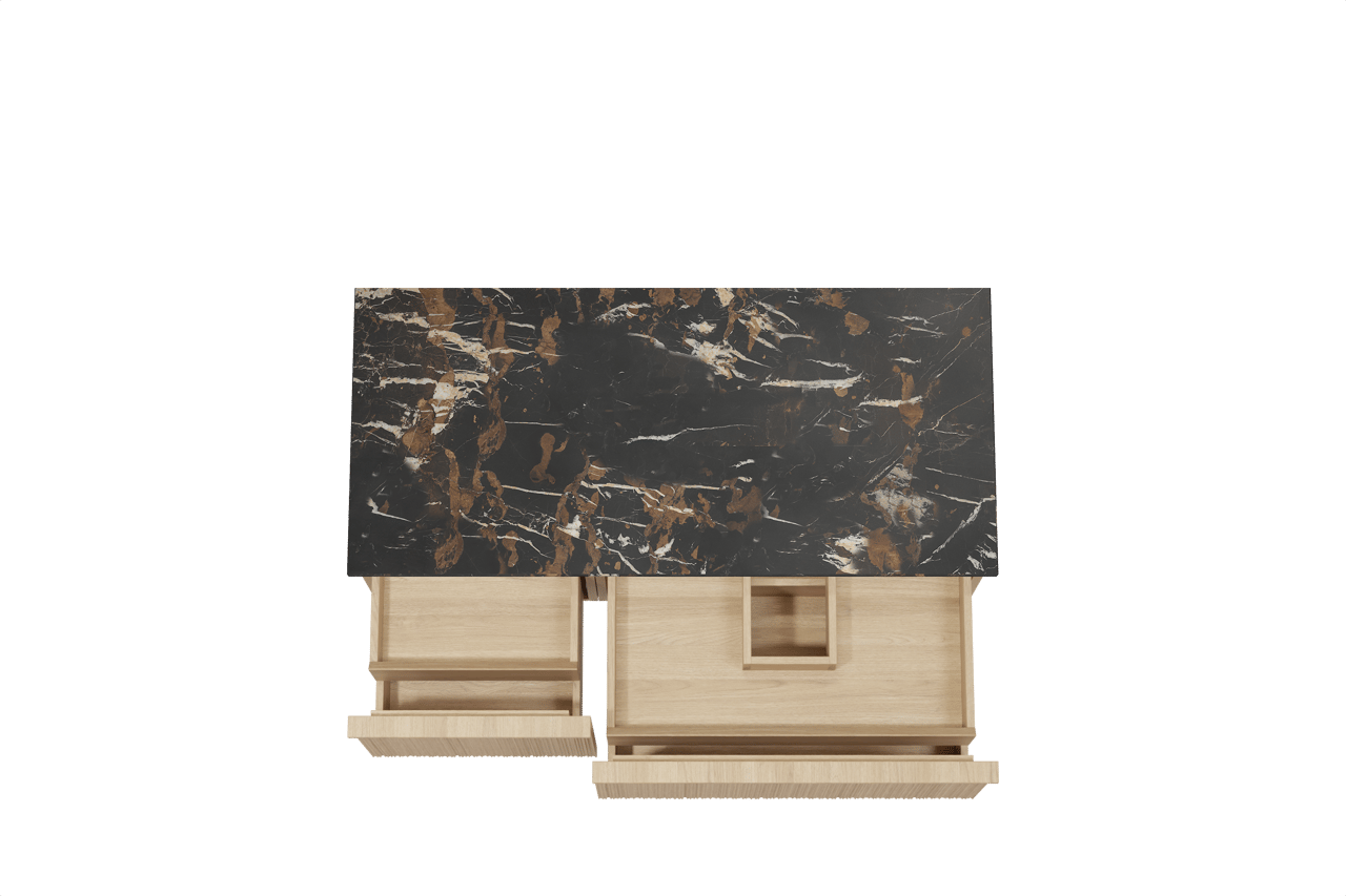 Balmani Forma zwevend badmeubel 120 x 55 cm naturel eiken met Stretto enkel wastafelblad in marmer portoro gold, Verticale asymmetrische ronde ribbel