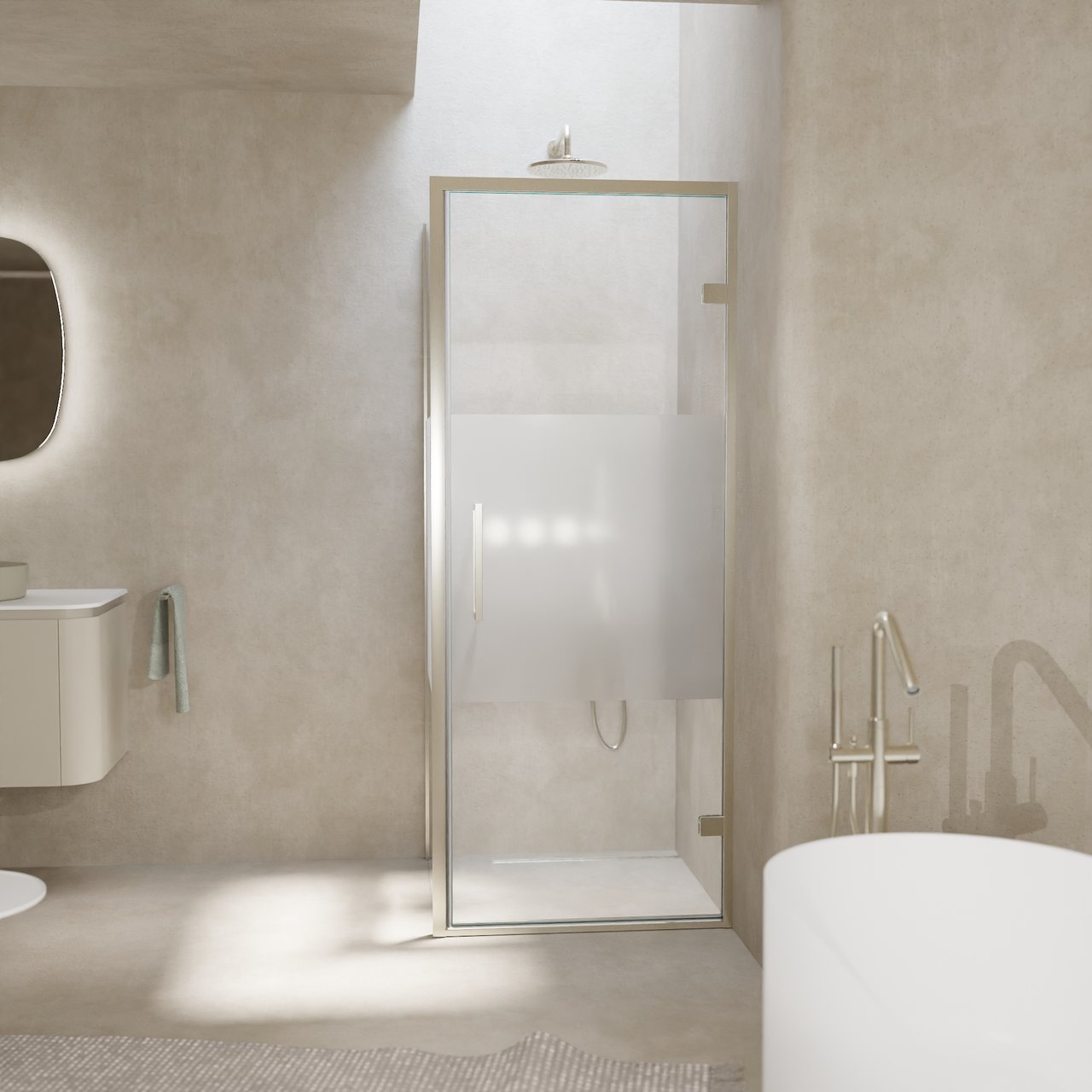 Balmani Senses Design Eckdusche: Drehtür (Rechts) mit fixierte Seitenwand, 90 x 100 cm, Klarglas mit mattiertem Streifen, Profil Brushed CoolMetal