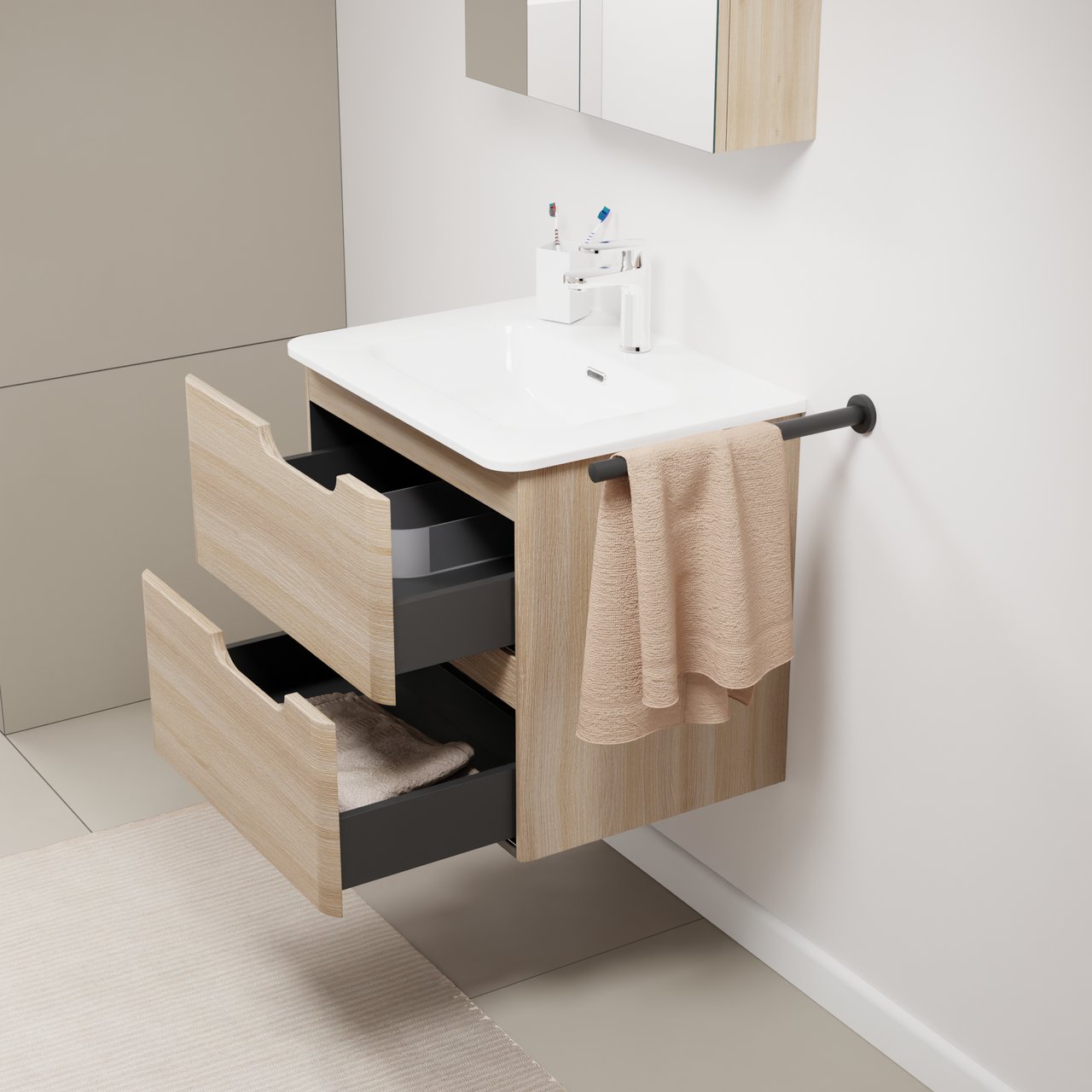 Linie Curvo zwevend badkamermeubel 60 x 46 cm lichte eik met Baro Curvo enkele wastafel in porcelein glanzend wit