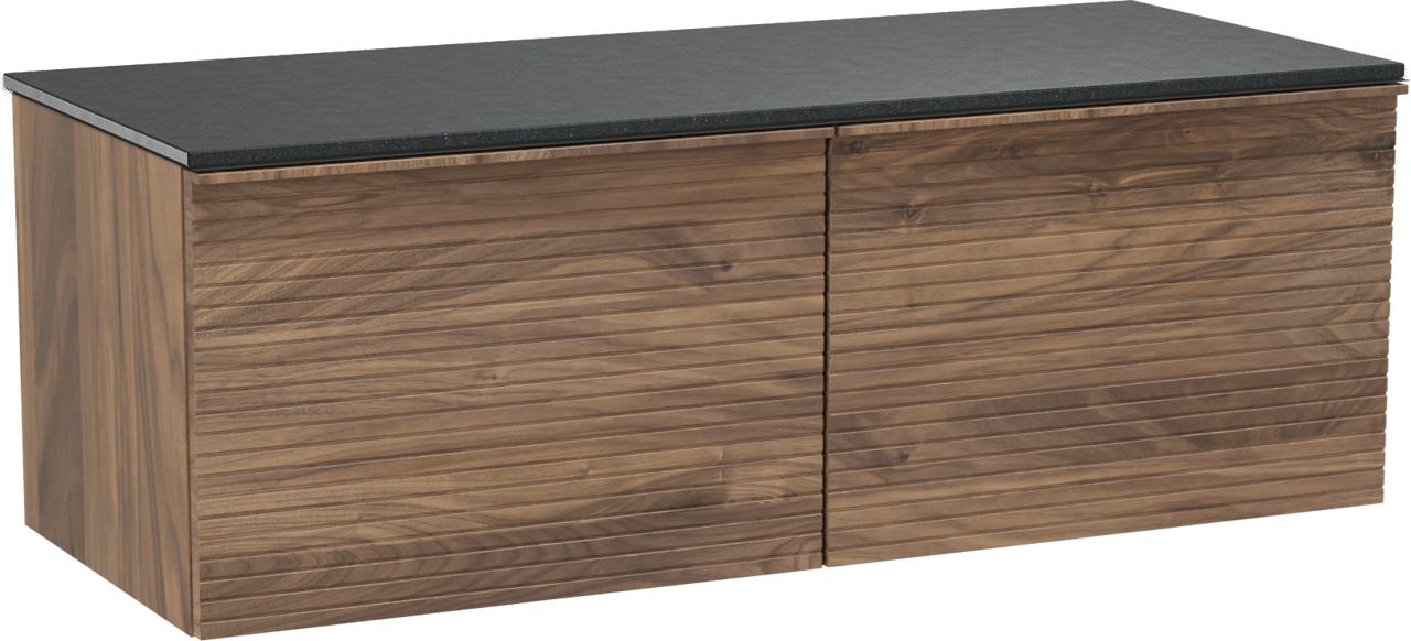 Balmani Forma hängendes Möbelstück Set: 135 x 55 cm, Amerikanischer Nussbaum, mit Stretto Einzel- oder Doppel Waschtischplatte, Granit, Schwarzes Granit, Horizontale symmetrische gerade Rippe