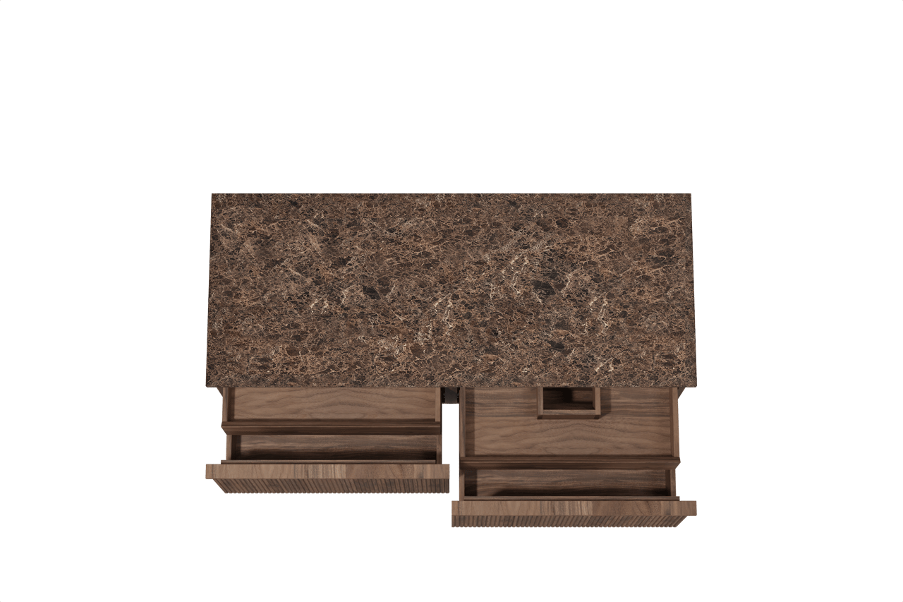 Balmani Forma zwevend badkamermeubel 135 x 55 cm amerikaanse notelaar met Stretto enkel of dubbel tablet in marmer dark emperador, Verticale symmetrische rechte ribbel