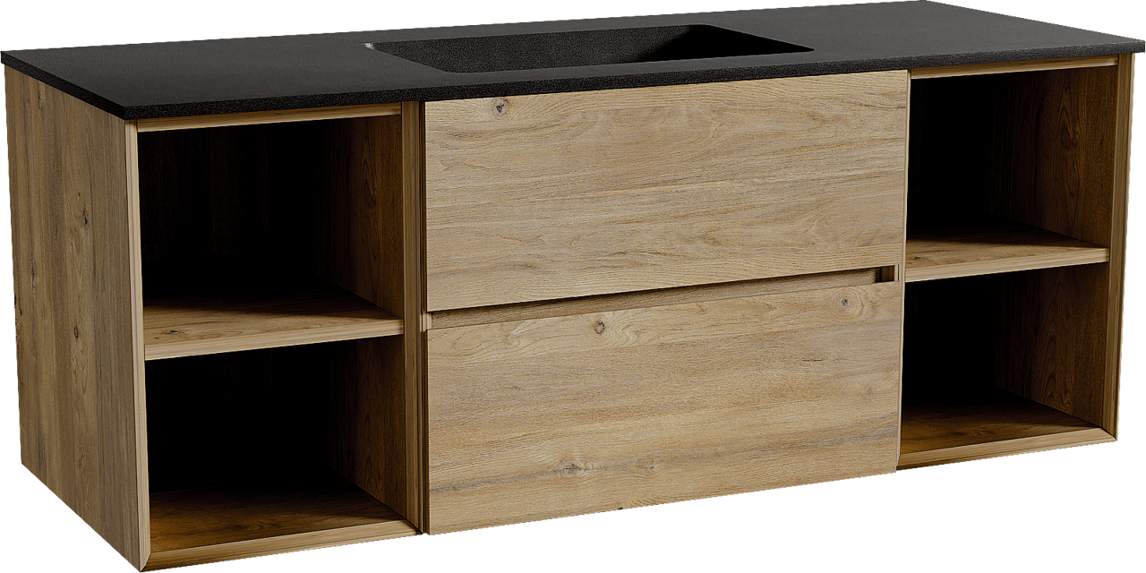 Storke Edge zwevend badmeubel 135 x 52 cm ruw eiken met Scuro enkele wastafel in kwarts mat zwart