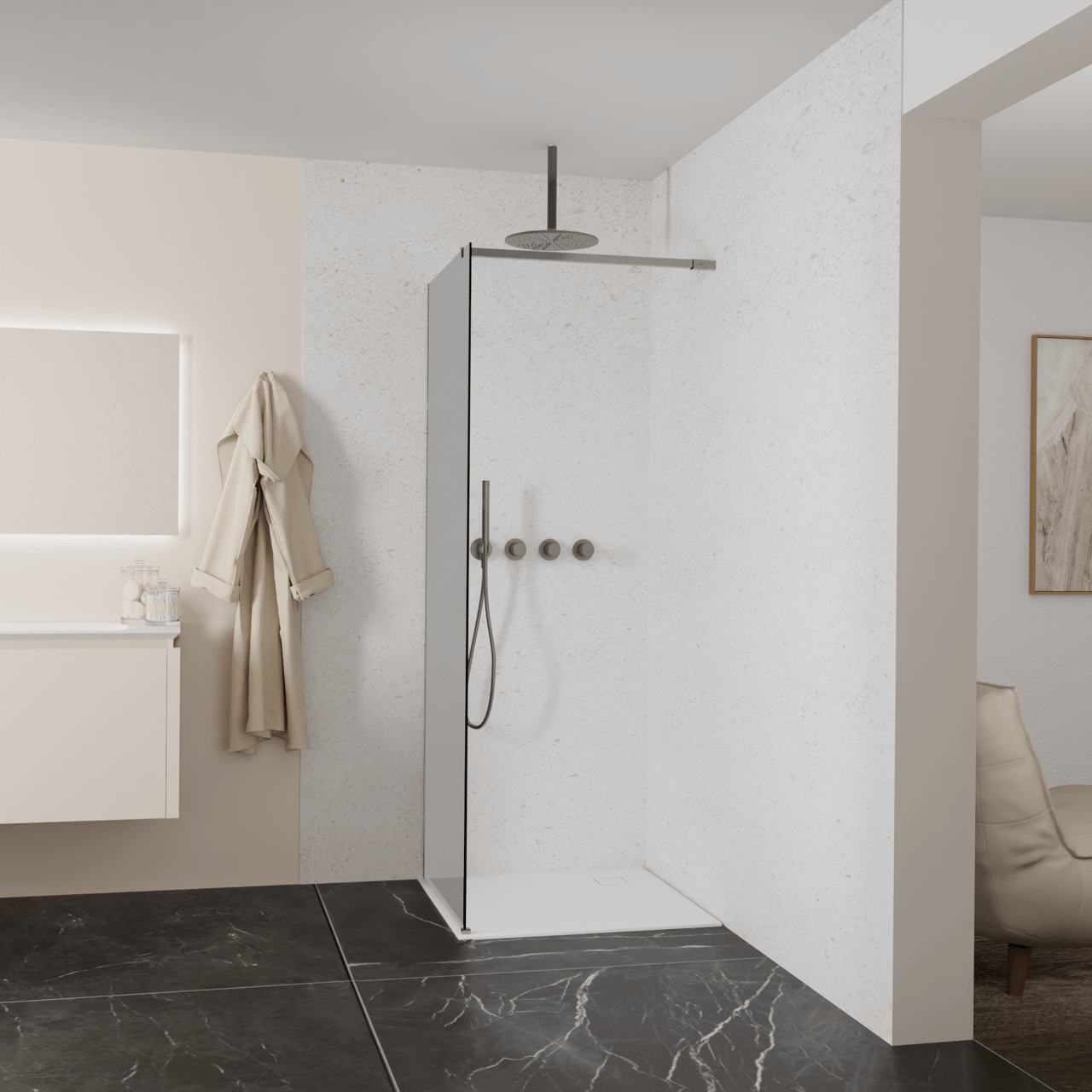 Balmani Modular douche à l'italienne: 80 x 200 cm, Verre fumé, avec coating, Profil Brushed GunMetal