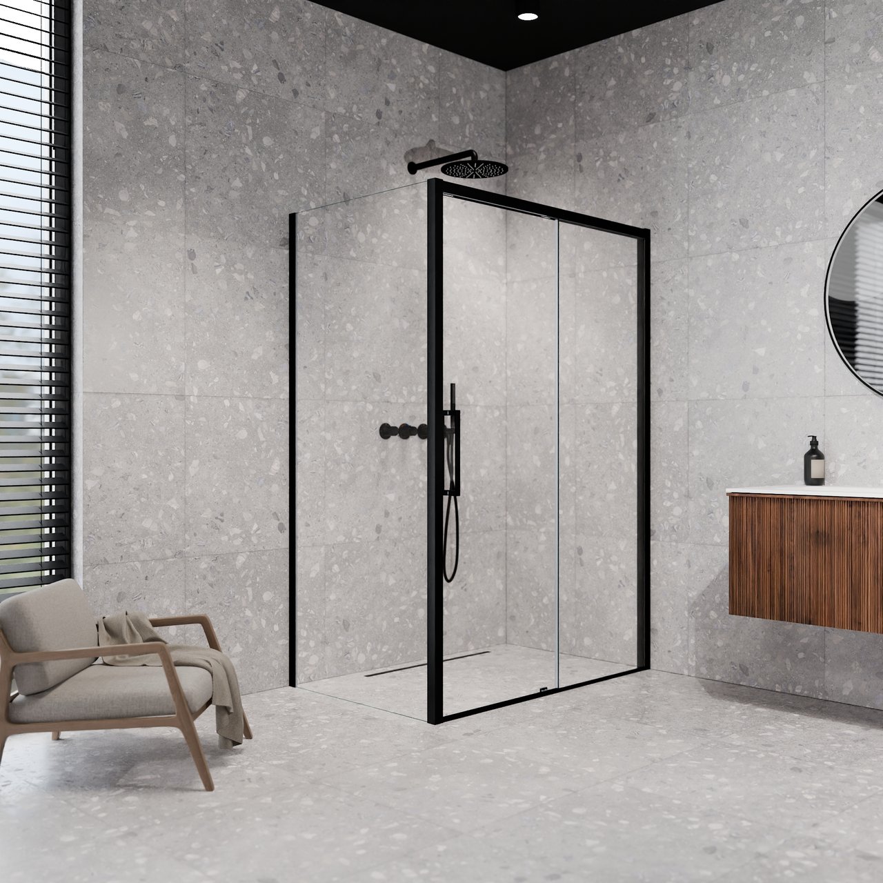 Balmani Senses Design douche en coin avec porte coulissante à droite et paroi latérale fixe, 180 x 90 cm, Verre transparent, Profil Noir mat