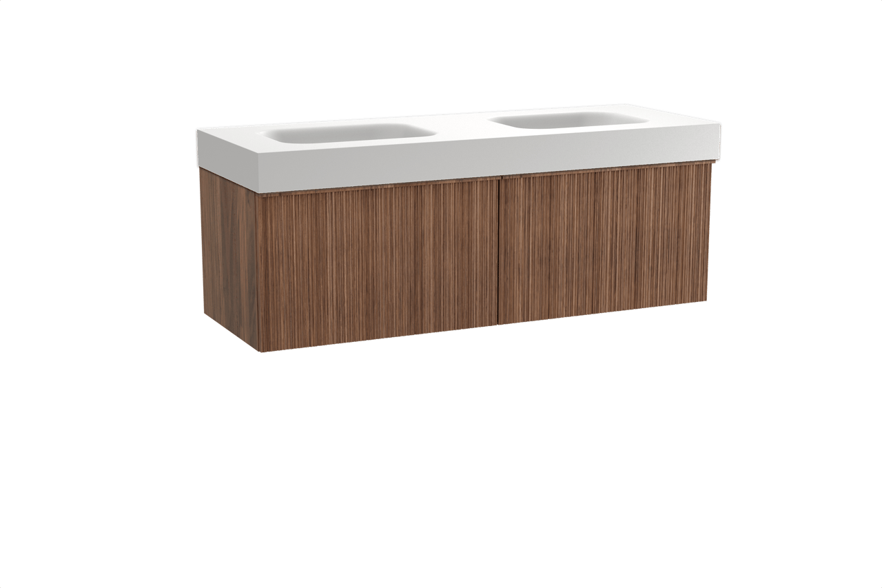 Balmani Forma zwevend badkamermeubel 150 x 55 cm amerikaanse notelaar met Arcato dubbele wastafel in solid surface mat wit, Verticale asymmetrische ronde ribbel