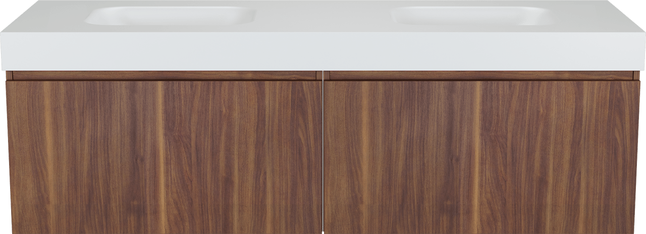 Balmani Sfera zwevend badmeubel 180 x 55 cm amerikaans notenhout met Arcato dubbele wastafel in solid surface mat wit