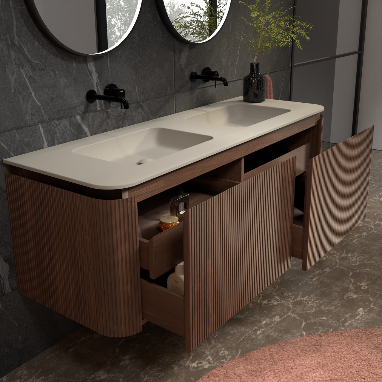 Balmani Moon hängendes Möbelstück Set: 160 x 55 cm, Amerikanischer Nussbaum, mit Moon Doppelwaschtisch, Top Solid, Seidengrau, Vertikale symmetrische gerade Rippe