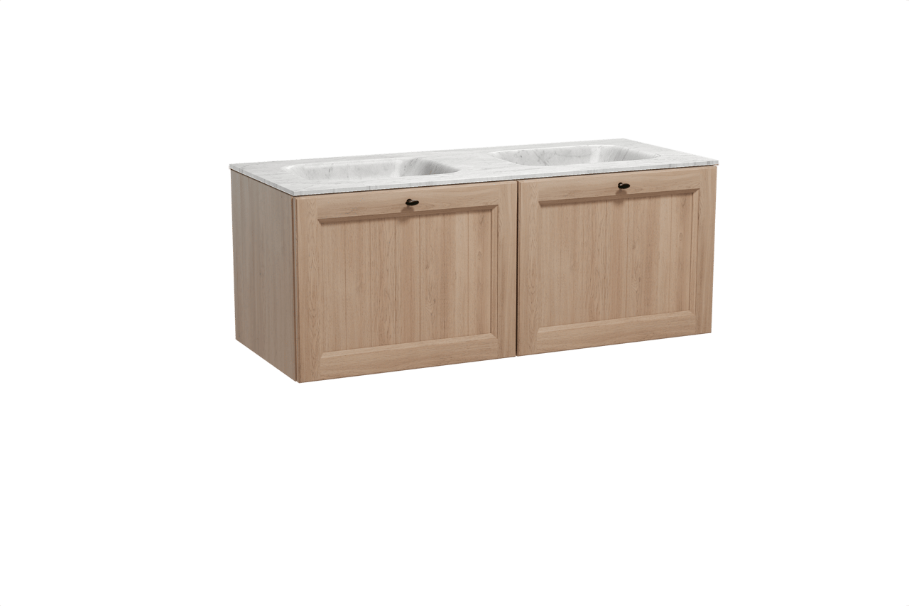 Balmani Lemon hängendes Möbelstück Set: 135 x 55 cm, Verwitterte Eiche, mit Tablo Arcato Doppelwaschtisch, Marmor Carrara