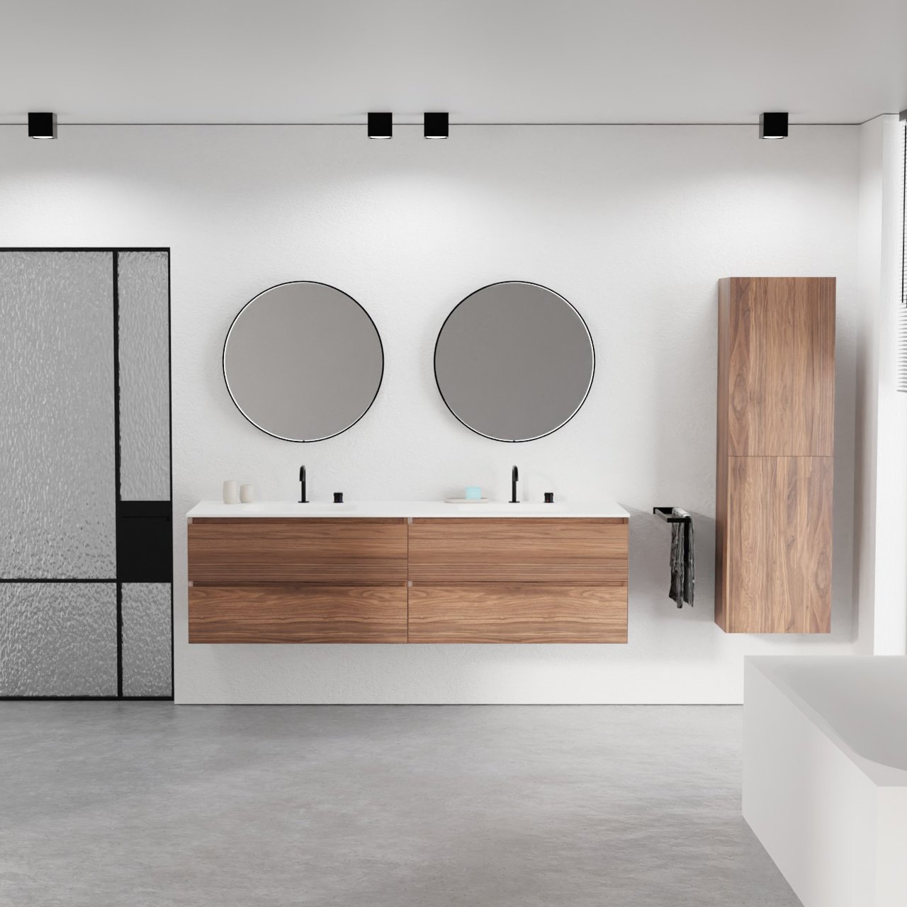 Balmani Mitra zwevend badkamermeubel 180 x 55 cm notelaar met Tablo Arcato dubbele wastafel in solid surface mat wit