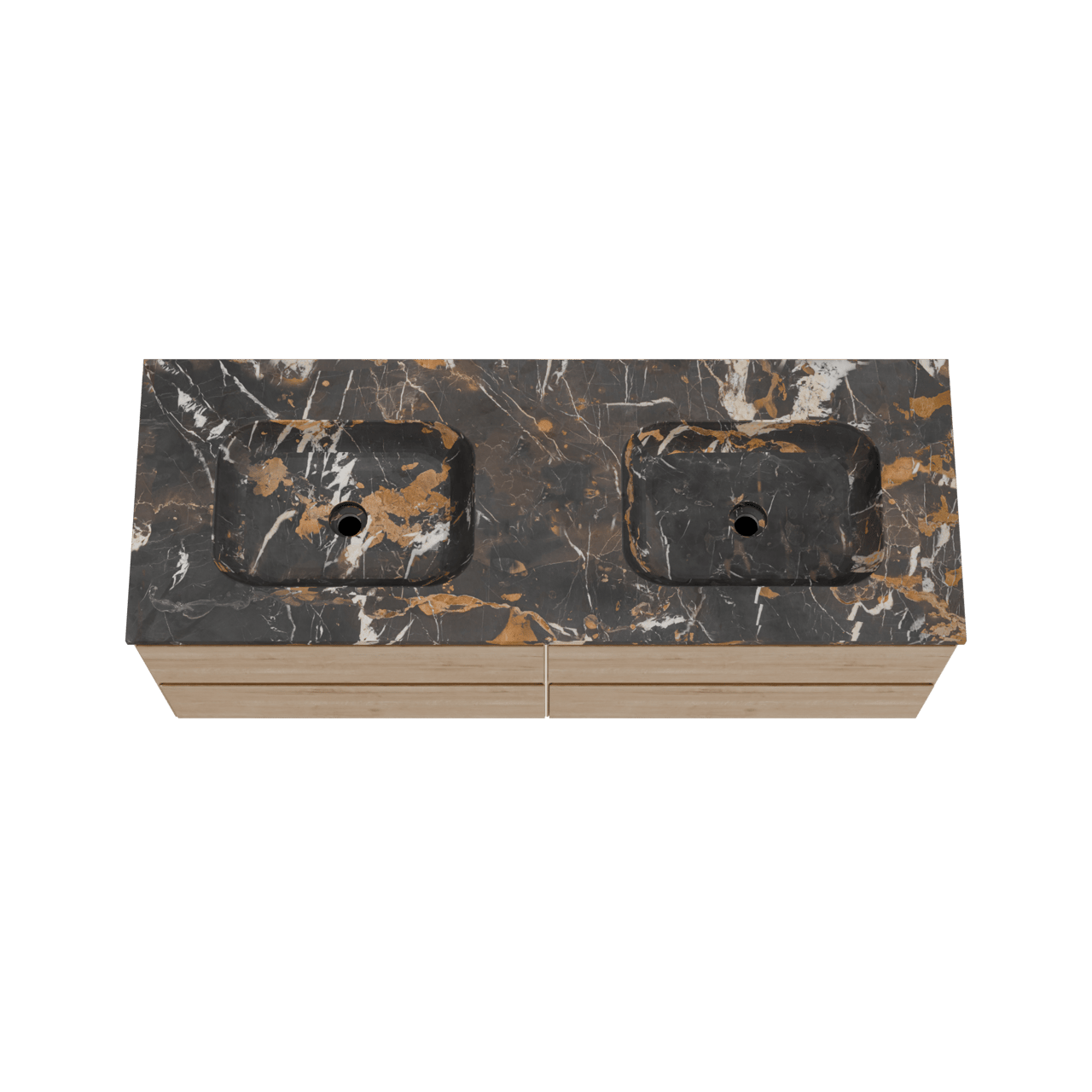 Balmani Mitra hängendes Möbelstück Set: 150 x 55 cm, Rohe Eiche, mit Tablo Arcato Doppelwaschtisch, Marmor Portoro Gold