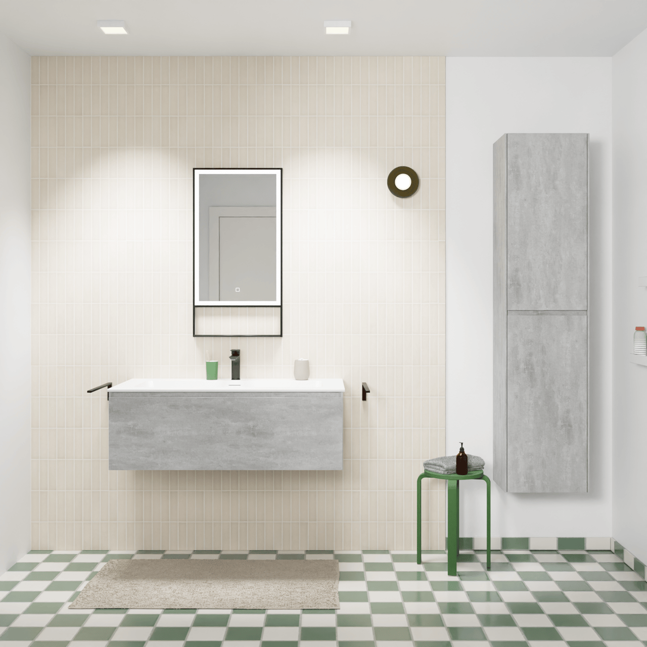 Storke Edge meuble salle de bains suspendu 105 x 52 cm béton gris foncé avec Mata plan simple pour 2 trous de robinet en solid surface blanc mat