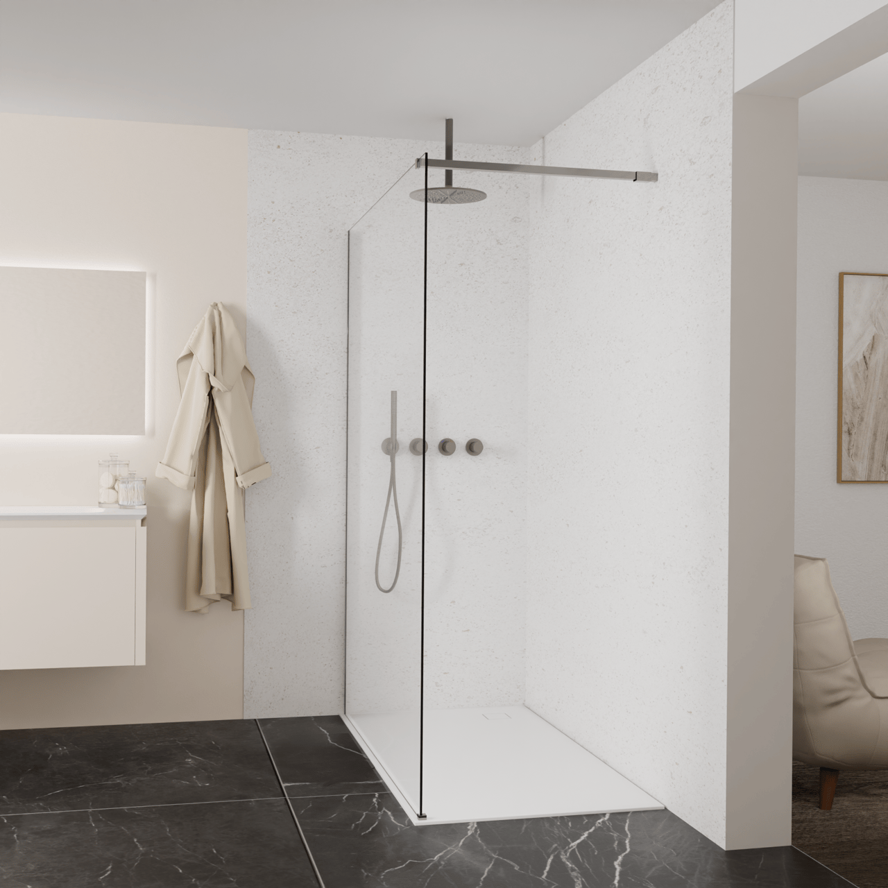 Balmani Modular Walk-In Dusche: 150 x 200 cm, Klarglas, Profil Brushed GunMetal