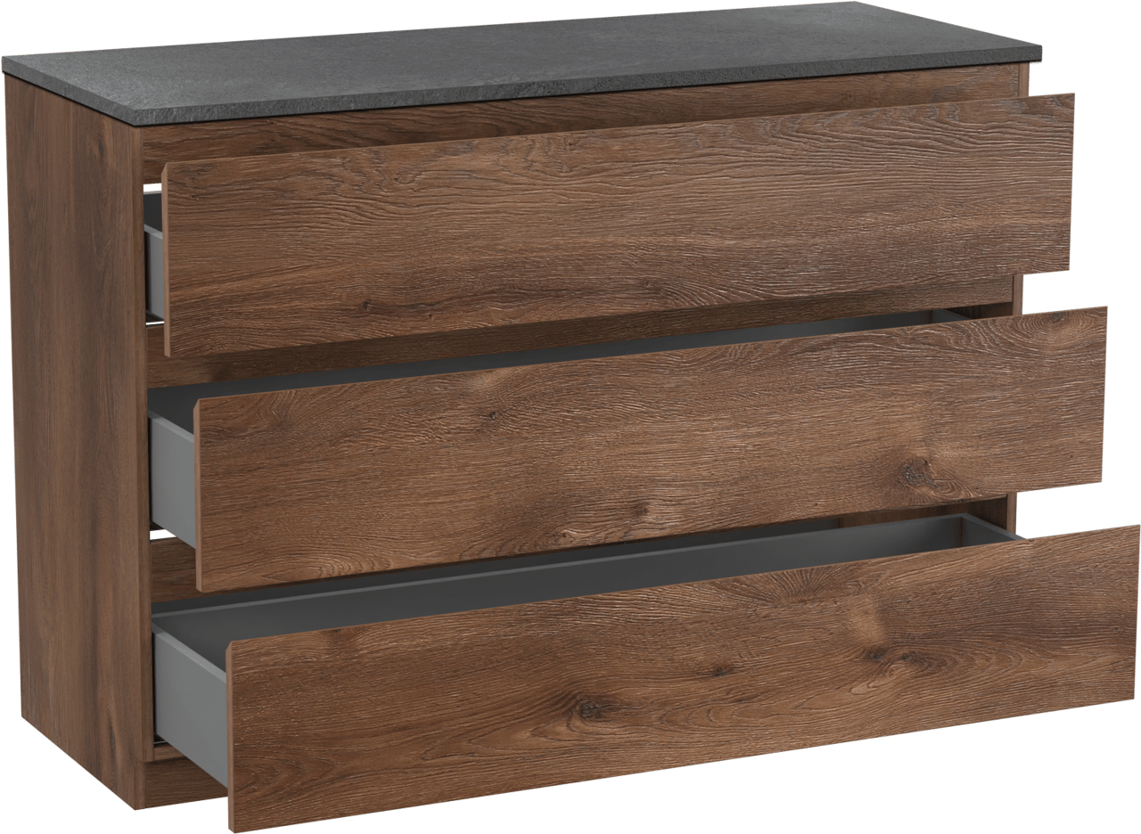 Linie Lado freistehendes Möbelstück Set: 120 x 46 cm, Braune Eiche, mit Lado Einzel- oder Doppel Waschtischplatte, Melamin Schiefergrau