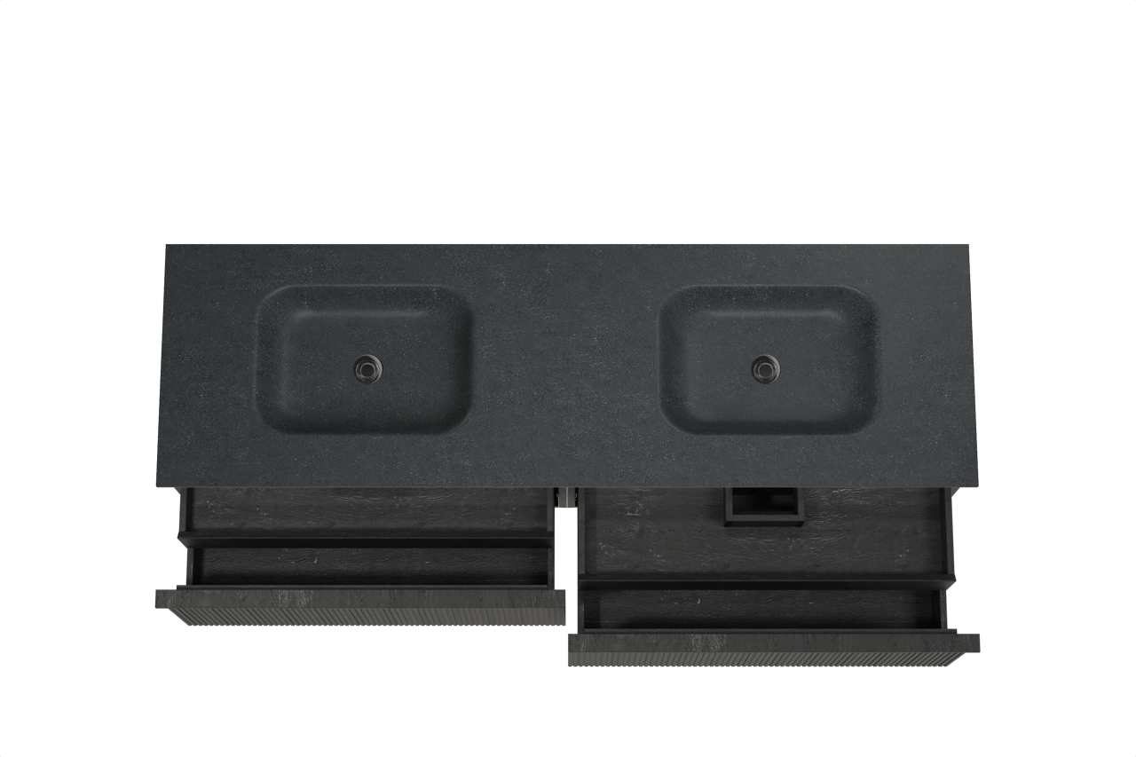 Balmani Forma zwevend badkamermeubel 180 x 55 cm zwarte eik met Tablo Arcato dubbele wastafel in graniet zwart, Verticale symmetrische rechte ribbel