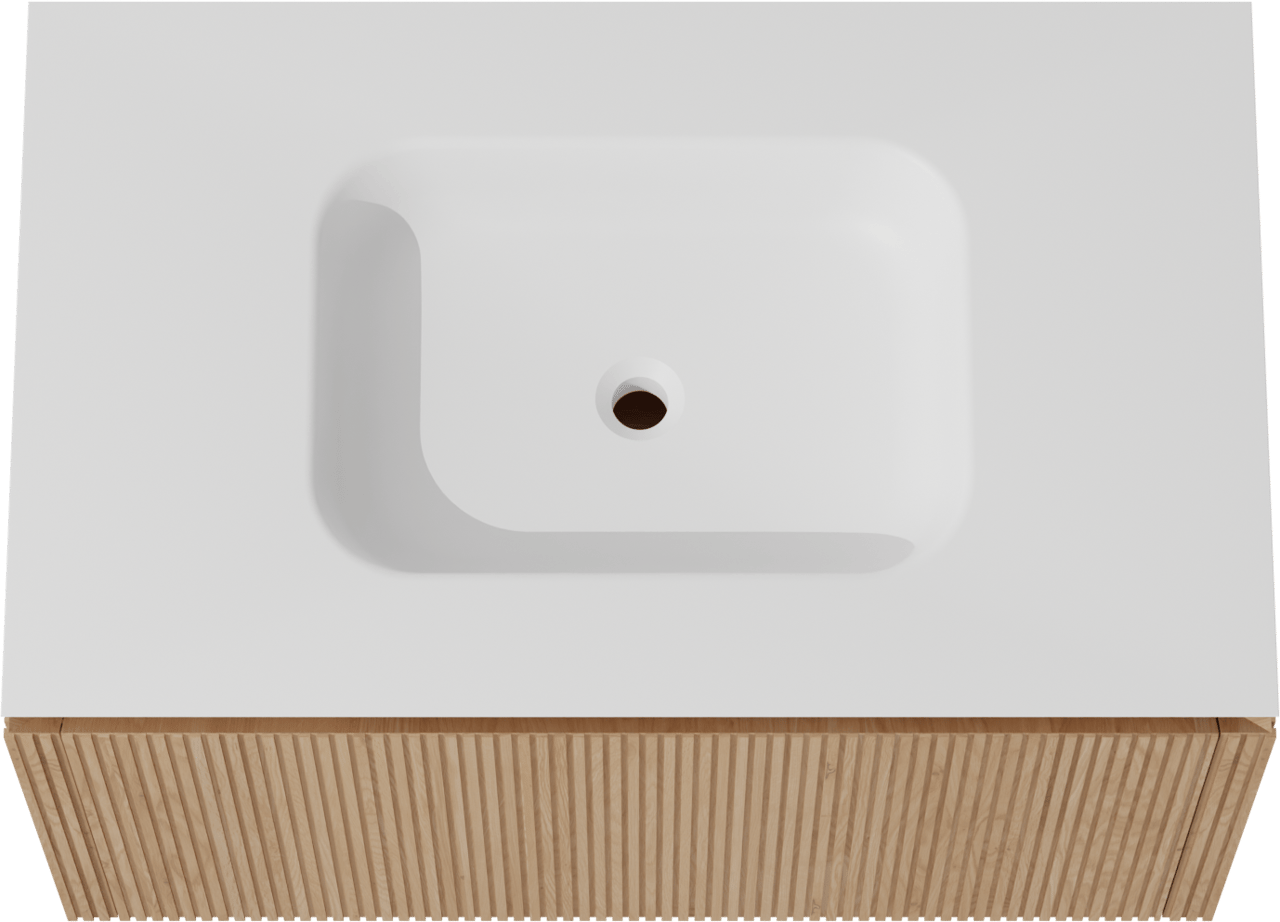 Balmani Eclips meuble salle de bains suspendu 90 x 55 cm Chêne naturelle avec Eclips plan simple en Solid Surface blanc mat, Nervure droite symétrique verticale