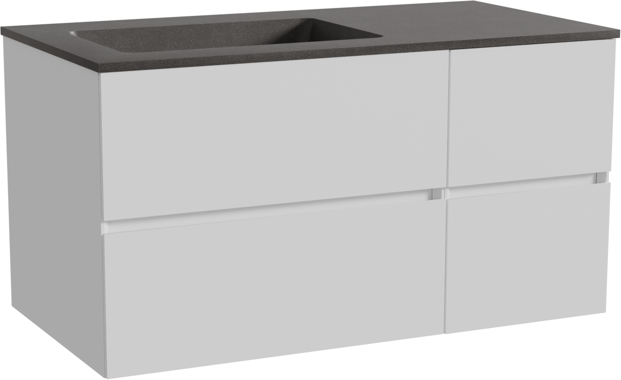 Storke Edge zwevend badmeubel 100 x 52 cm mat wit met Scuro asymmetrisch linkse wastafel in kwarts mat zwart