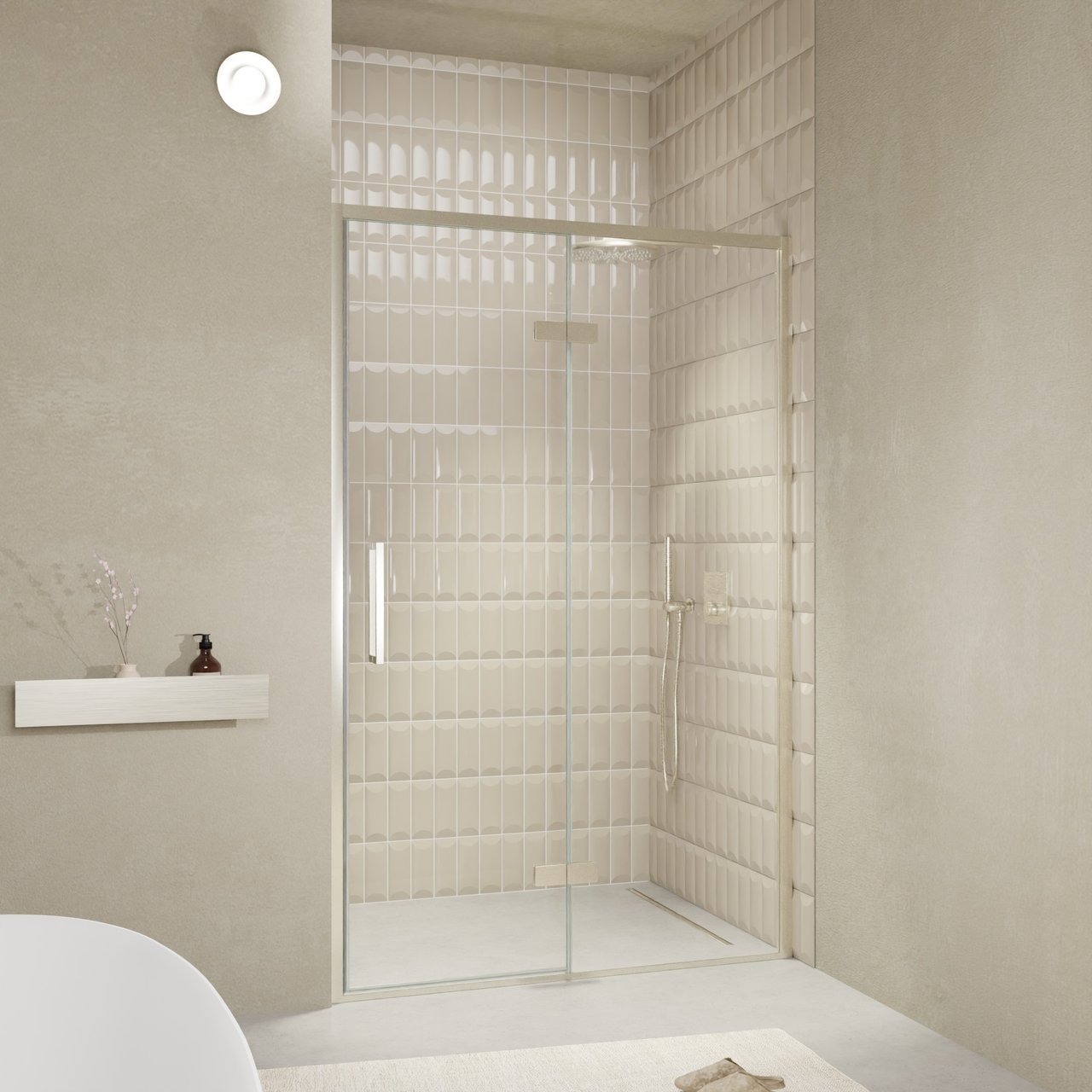 Balmani Senses Design Dusche Drehtür, Rechts, 140 cm x 210 cm, Klarglas, Profil Brushed CoolMetal