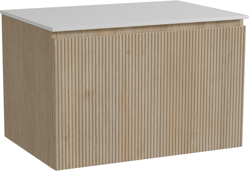 Storke Ribs meuble salle de bains suspendu 75 x 52 cm chêne brut avec Tavola tablette simple en solid surface blanc mat, Nervure droite symétrique verticale
