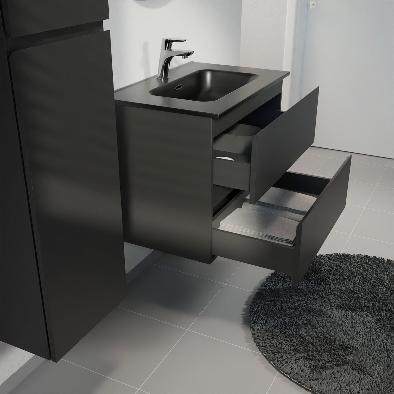 Linie Lado meuble salle de bains suspendu 70 x 46 cm noir mat avec Baro plan simple en porcelaine noir mat