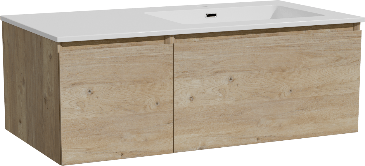 Storke Edge zwevend badmeubel 100 x 52 cm ruw eiken met Diva asymmetrisch rechtse wastafel in composietmarmer hoogglans wit