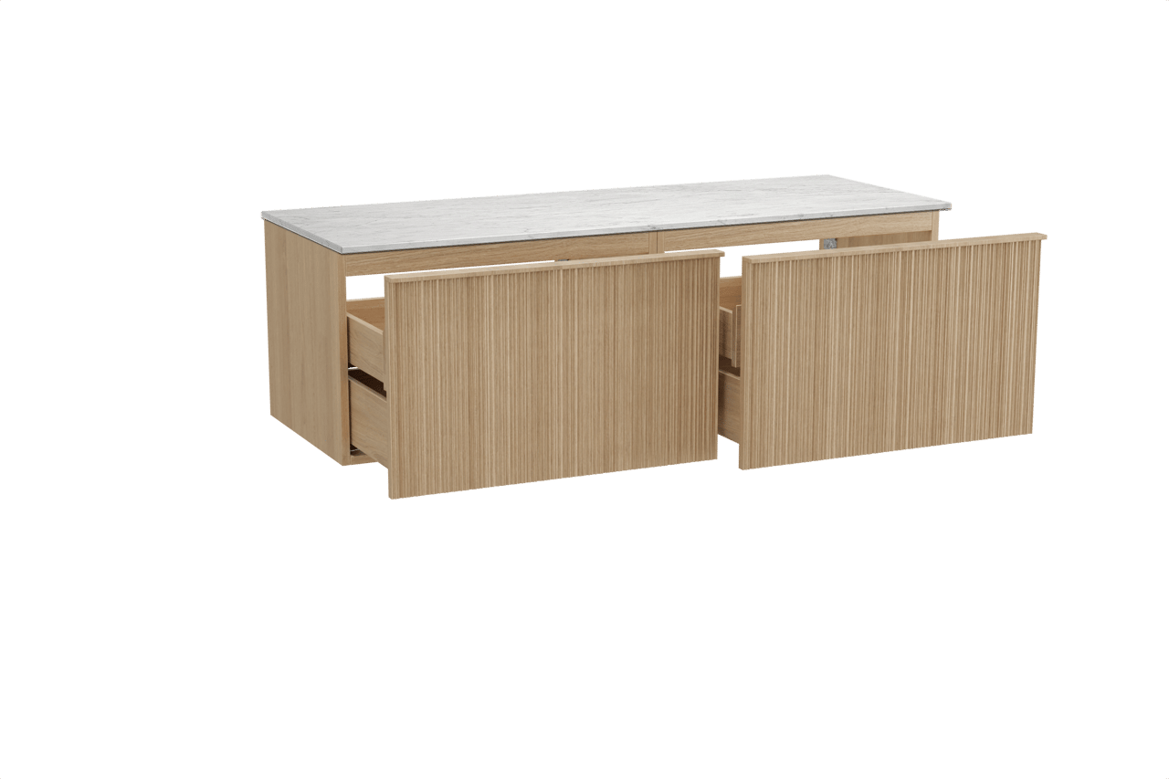 Balmani Forma meuble salle de bains suspendu 150 x 55 cm chêne naturel avec Stretto tablette simple ou double en marbre carrare, Nervure circulaire asymétrique verticale
