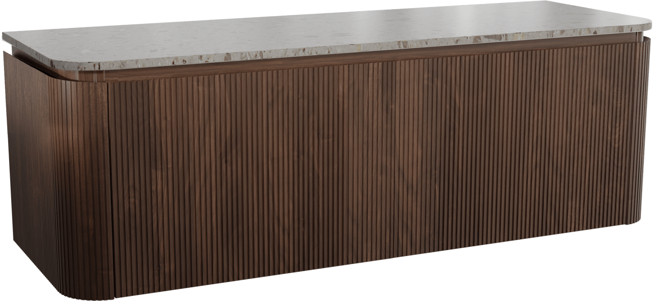 Balmani Moon hängendes Möbelstück Set: 160 x 55 cm, Amerikanischer Nussbaum, mit Moon Einzel- oder Doppel Waschtischplatte, Terrazzo in Greige, Vertikale symmetrische gerade Rippe