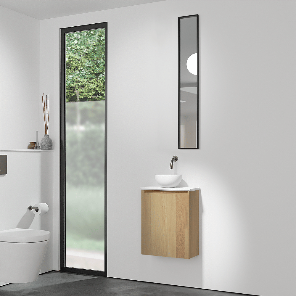 Balmani Mitra meuble wc suspendu 42 x 21 cm chêne naturel avec Facetta tablette et Jazz vaque à poser en Solid Surface mat