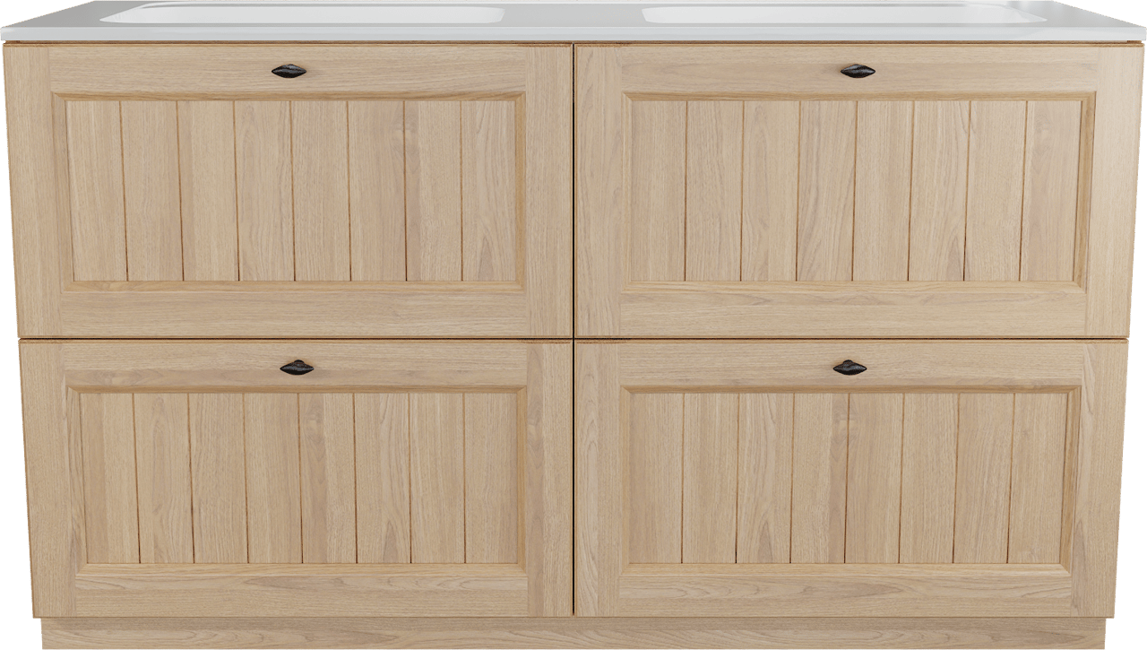 Balmani Lemon staand badkamermeubel 150 x 55 cm, fineer natuur eik met Tablo Strada dubbele wastafel in glanzend wit