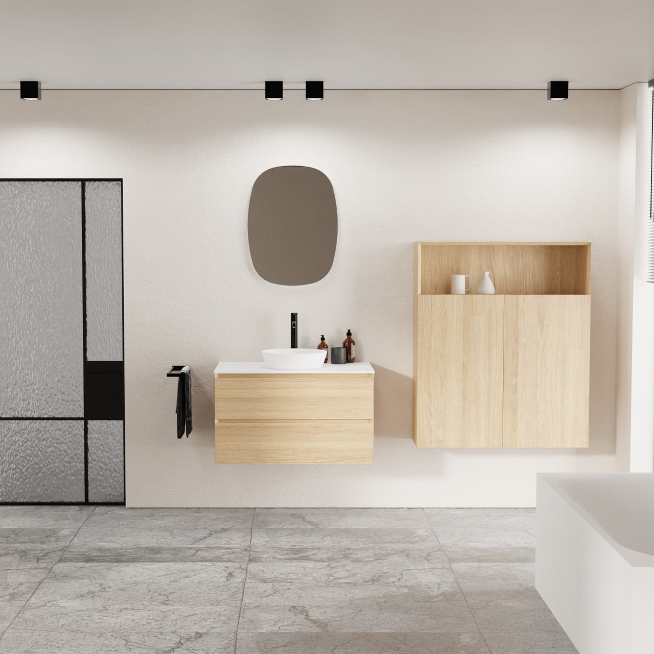 Balmani Mitra meuble salle de bains suspendu 90 x 55 cm chêne naturel avec Stretto tablette simple en solid surface blanc mat