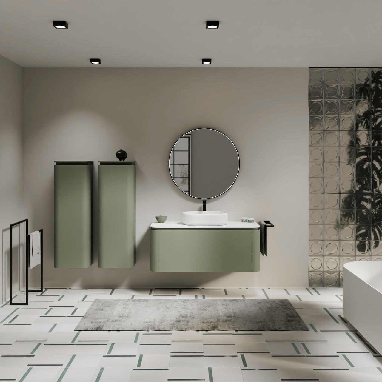 Balmani Moon hängendes Möbelstück Set: 130 x 55 cm, SalbeigrÃ¼n, mit Moon Einzel- oder Doppel Waschtischplatte, Solid Surface Weiß matt