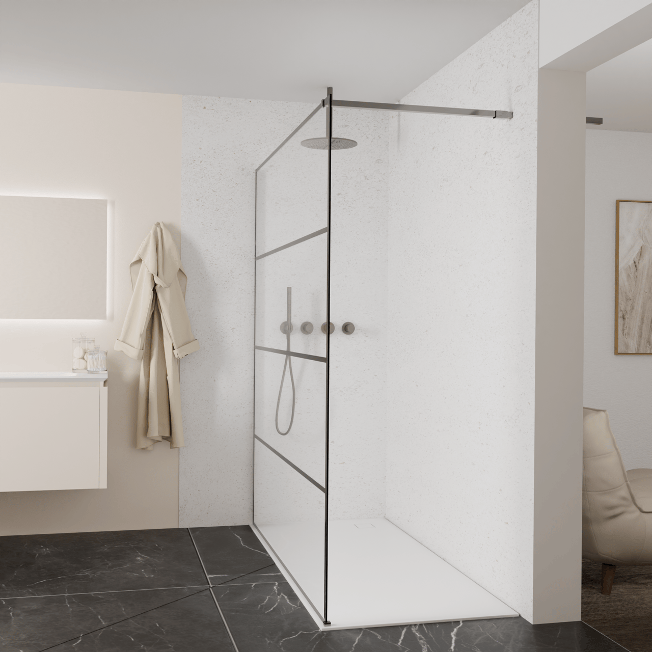 Balmani Modular inloopdouche: 180 x 200 cm, Lined met coating, Brushed GunMetal profielen