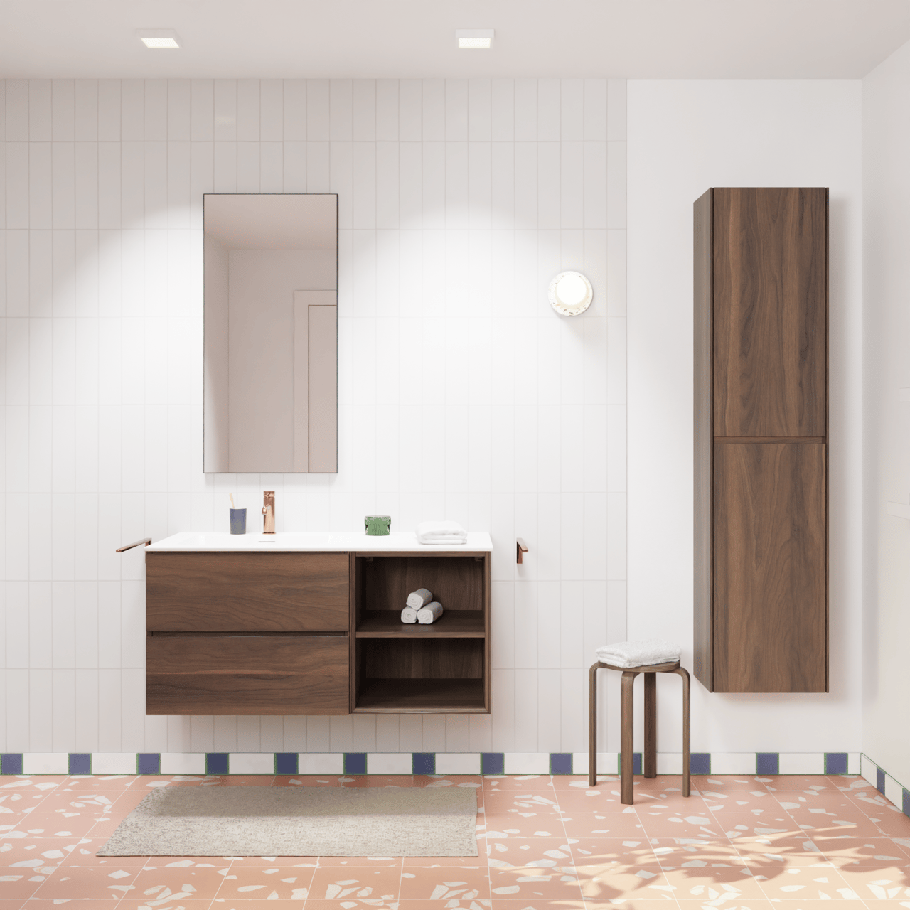 Storke Edge hängendes Möbelstück Set: 110 x 52 cm, Nussbaum, mit Mata Waschtisch links, Solid Surface Weiß matt