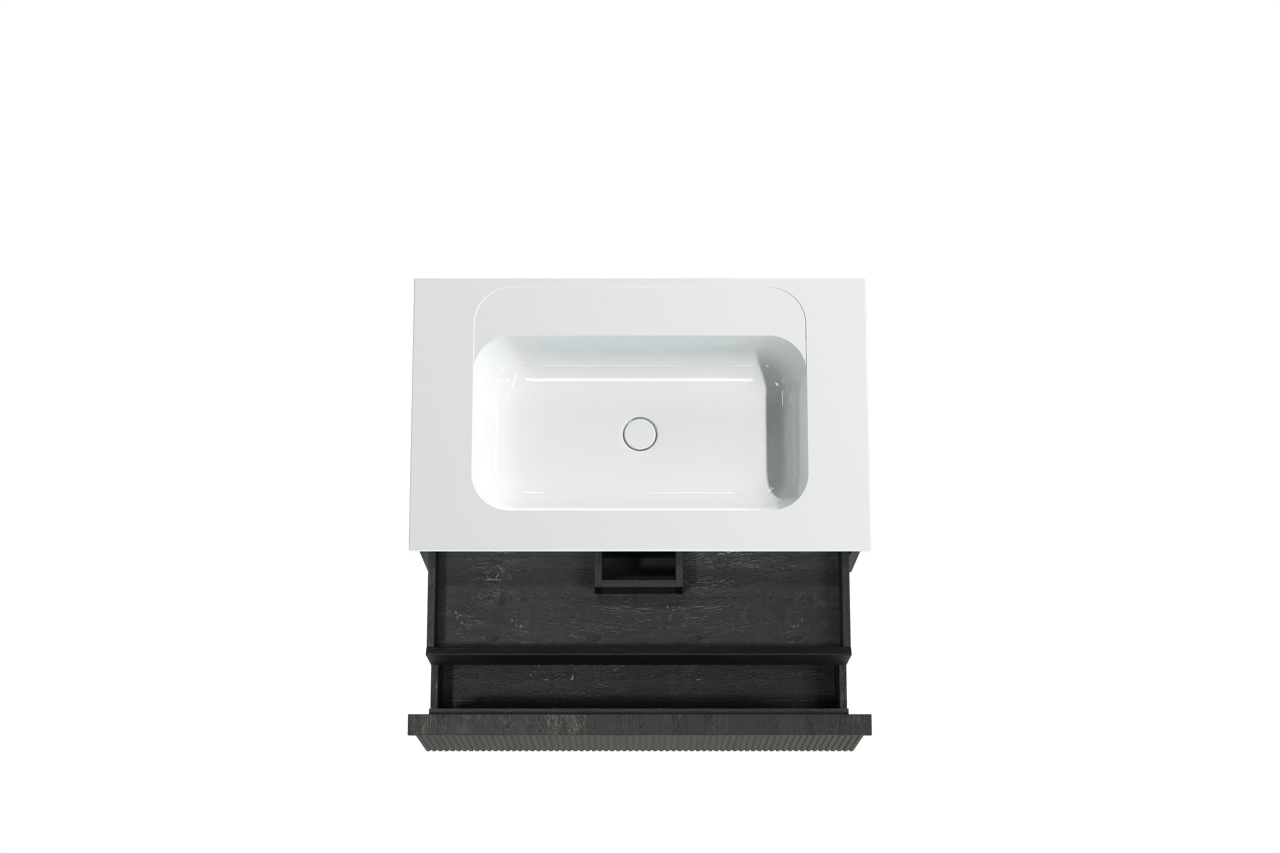 Balmani Forma meuble salle de bains suspendu 90 x 55 cm chêne noir avec Tablo Strada plan simple en marbre composite blanc brillant, Nervure droite symétrique verticale