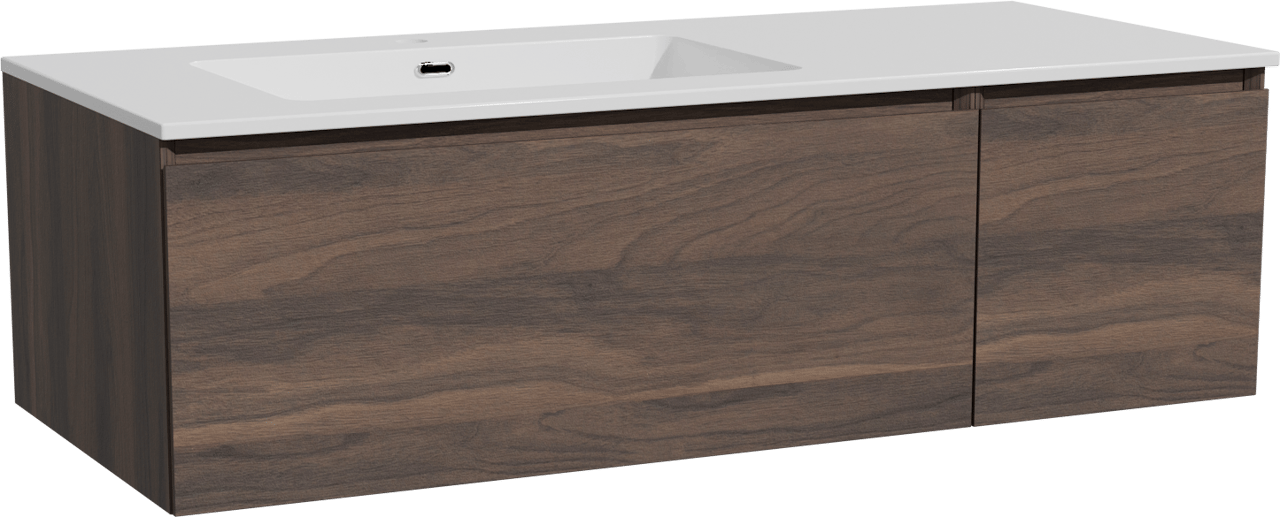 Storke Edge zwevend badkamermeubel 120 x 52 cm notelaar met Diva asymmetrisch linkse wastafel in composietmarmer glanzend wit