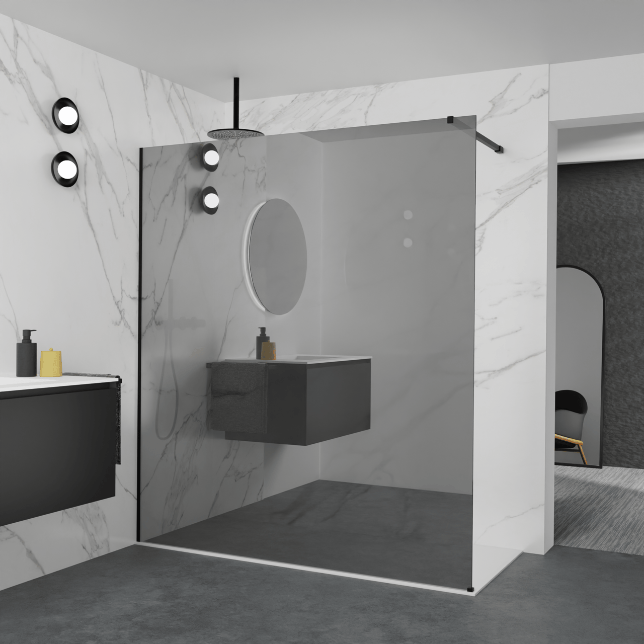 Balmani Modular Walk-In Dusche: 180 x 200 cm, Reflex-Spiegelglas, Profil Schwarz matt
