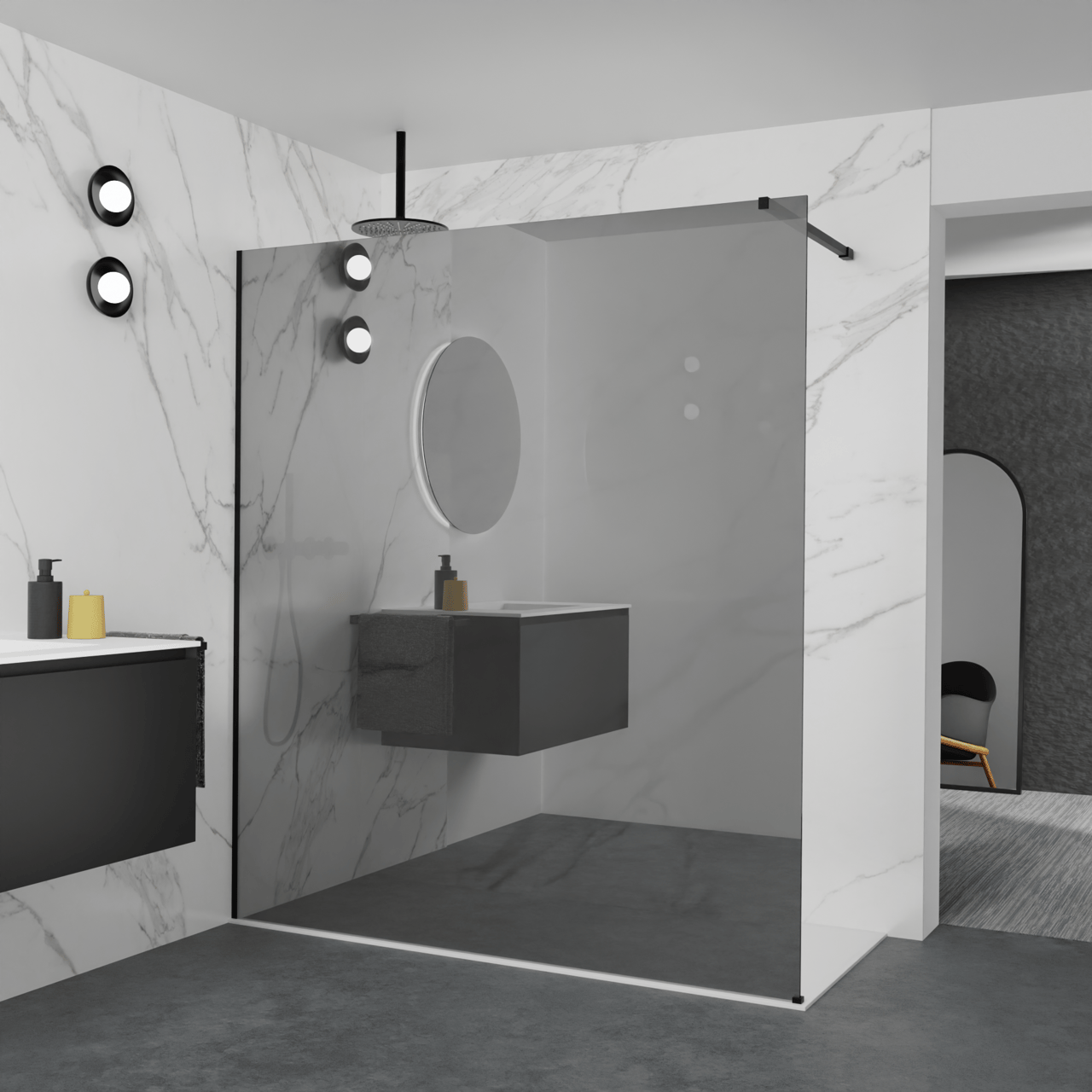 Balmani Modular Walk-In Dusche: 180 x 200 cm, Reflex-Spiegelglas, Profil Schwarz matt