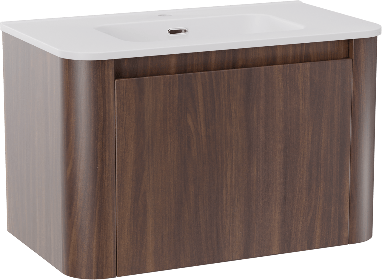 Storke Soft hängendes Möbelstück Set: 80 x 46 cm, Nussbaum, mit Kera Soft Einzelwaschtisch Keramik Weiβ matt